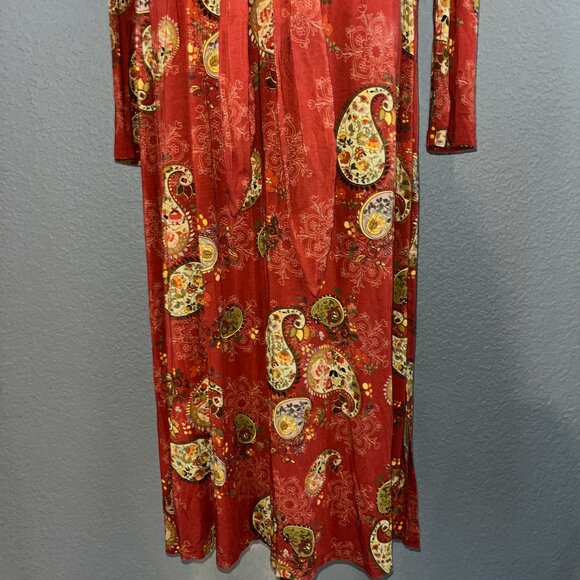 JOHNNY WAS PAISLEY PRINT DRESS STRETCH KNIT PULL OVER LONG SLEEVES SIDE SLITS -L - Picture 4 of 16